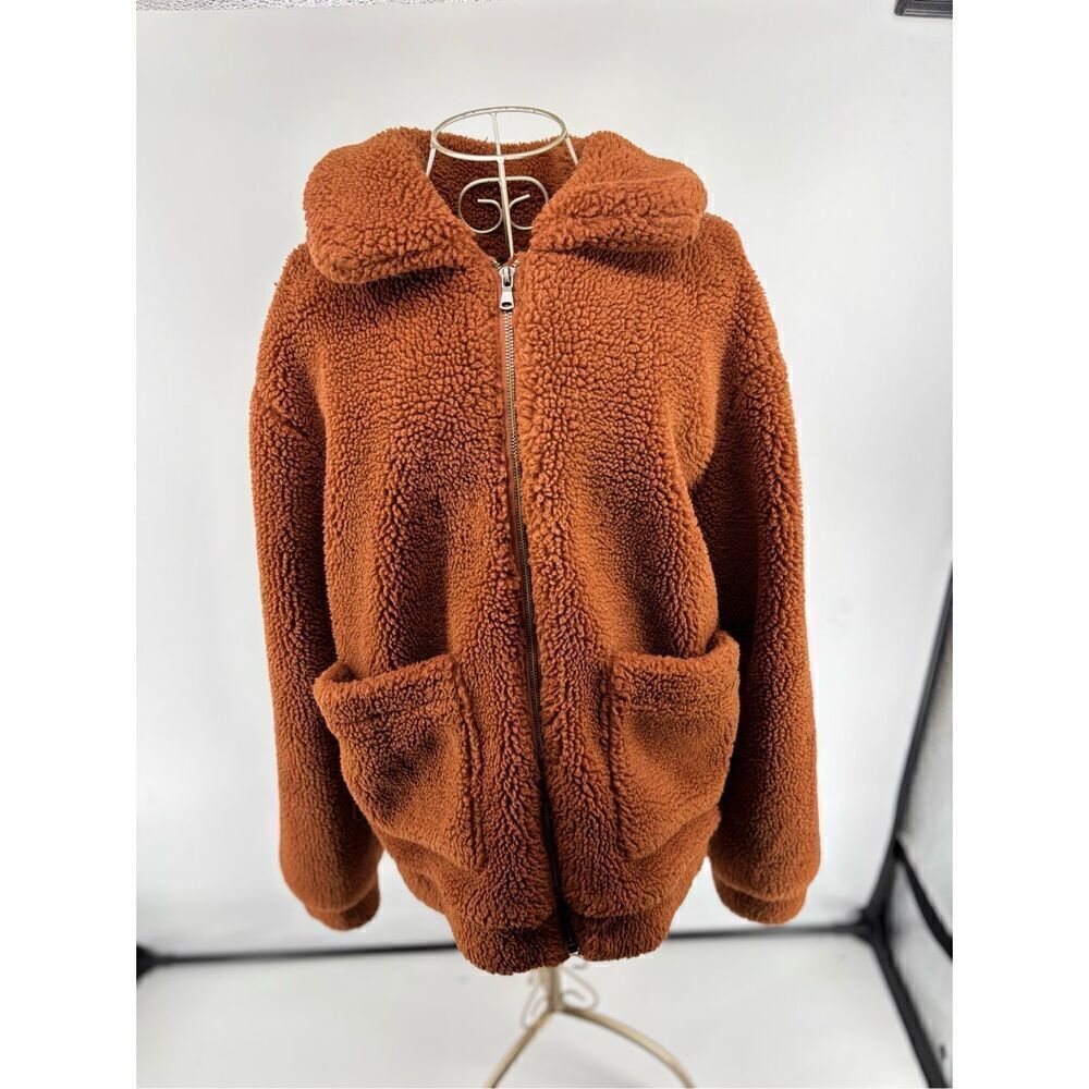 Anthropologie Elodie Faux Sherpa Teddy Coat Oversized Rust Size Medium Pockets